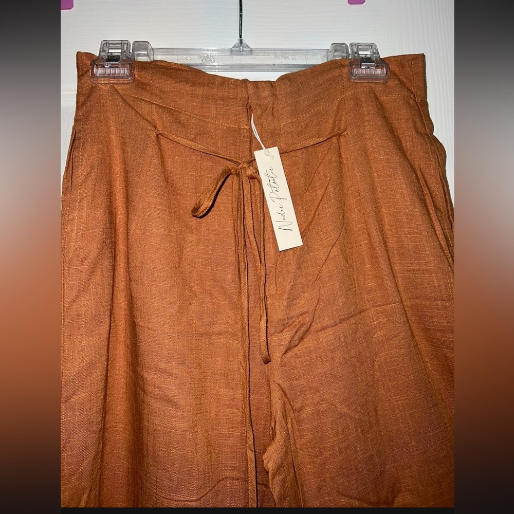 Rust Linen Blend Wide Leg Pants NWT High Waisted Tie Front Boho